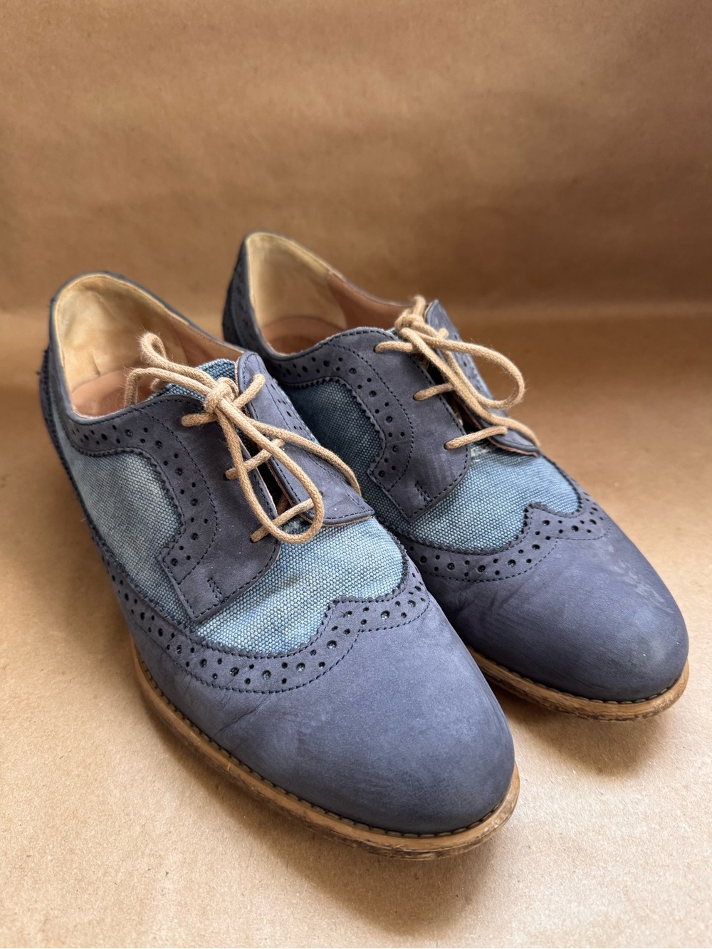 Browns Blue Nubuck Leather and Canvas Wingtip Made in Italy Brogues. Size 40